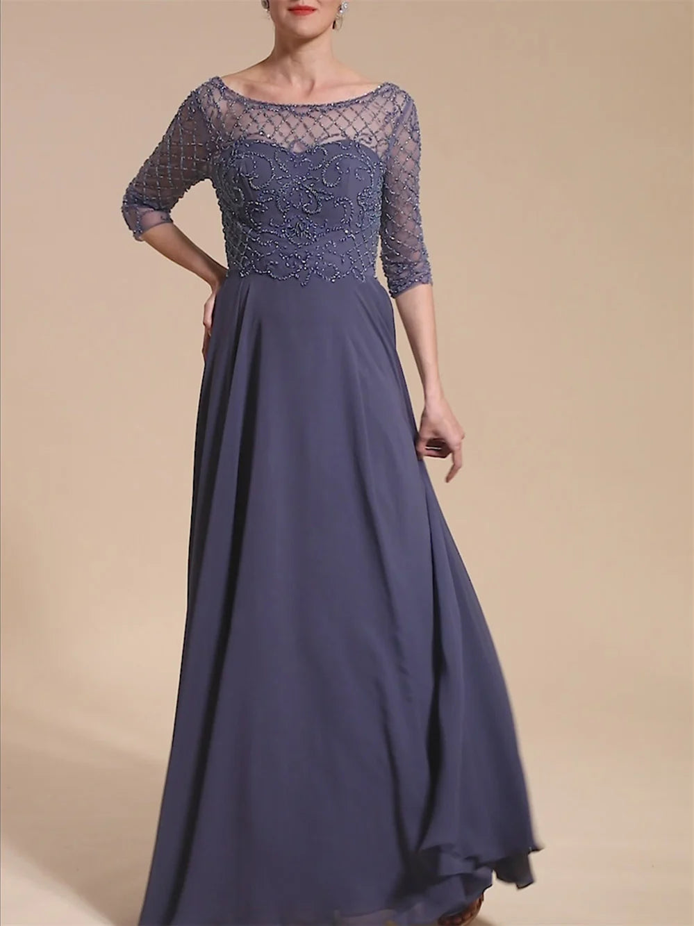 A-Line Scoop Short Sleeves Floor-Length Beaded Mother Of The Bride Dresses