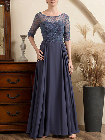 A-Line Scoop Short Sleeves Floor-Length Beaded Mother Of The Bride Dresses