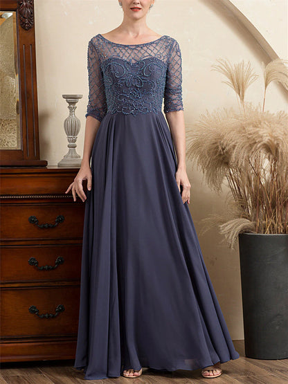 A-Line Scoop Short Sleeves Floor-Length Beaded Mother Of The Bride Dresses