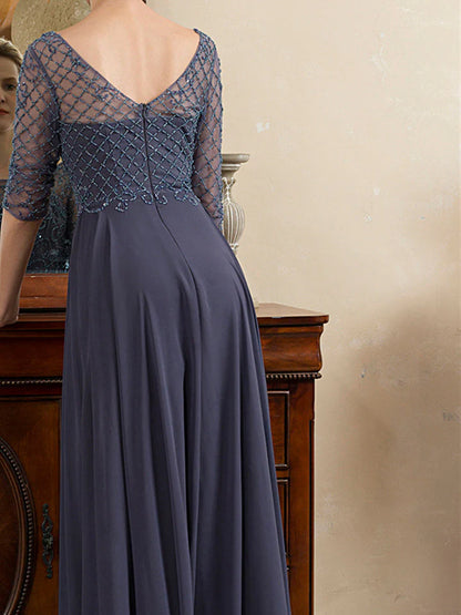 A-Line Scoop Short Sleeves Floor-Length Beaded Mother Of The Bride Dresses