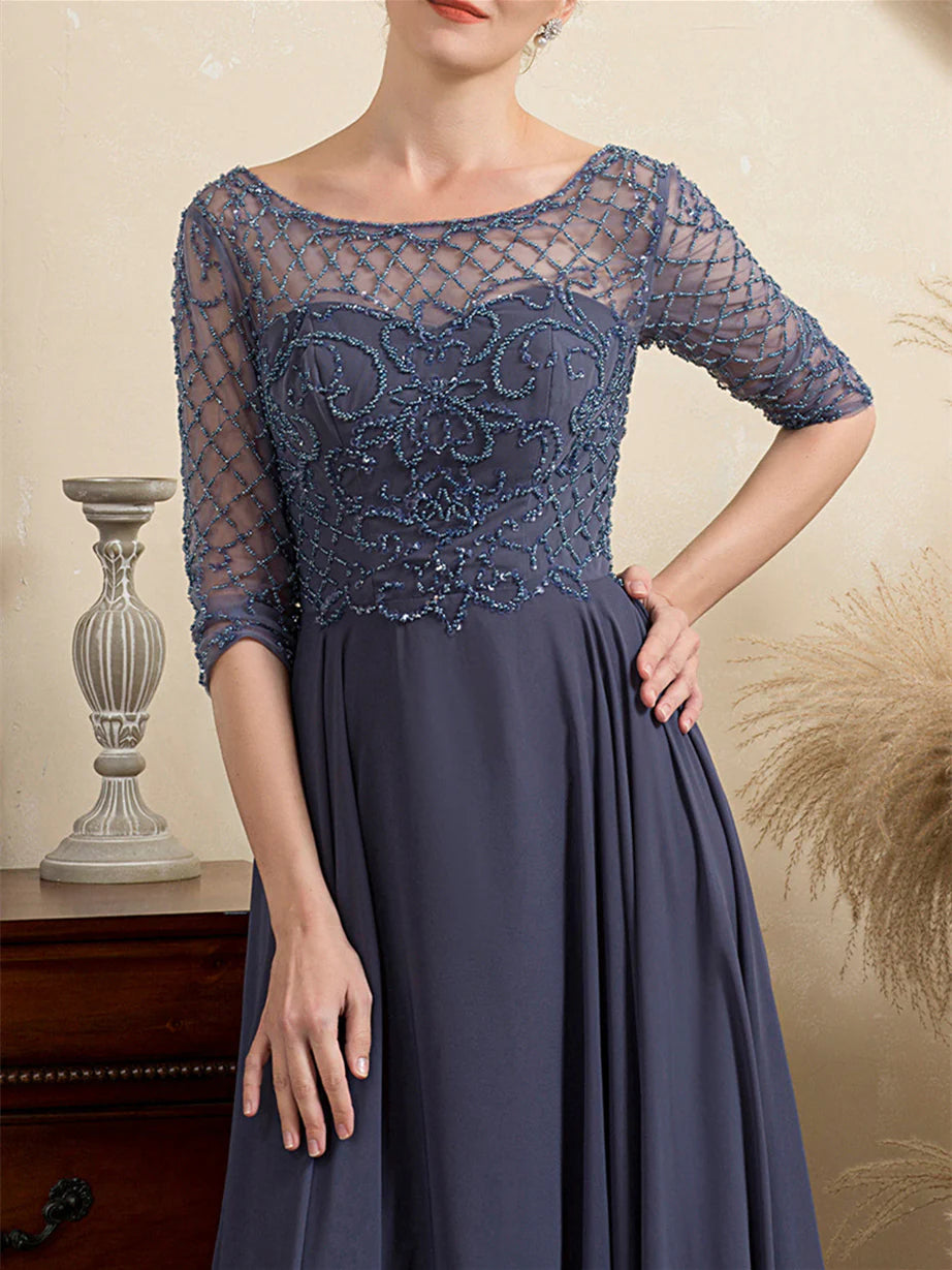 A-Line Scoop Short Sleeves Floor-Length Beaded Mother Of The Bride Dresses