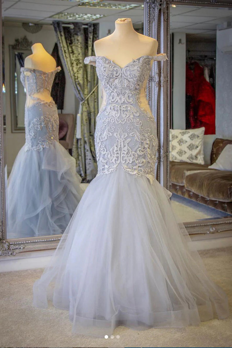 Gray tulle lace mermaid long Wedding Dresses