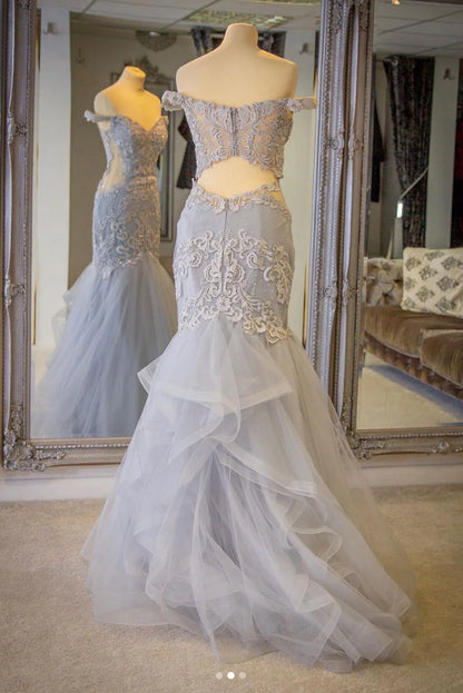 Gray tulle lace mermaid long Wedding Dresses