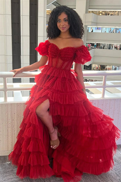 Weitese Charming A Line Off the Shoulder Red Corset Prom Dress with Ruffles