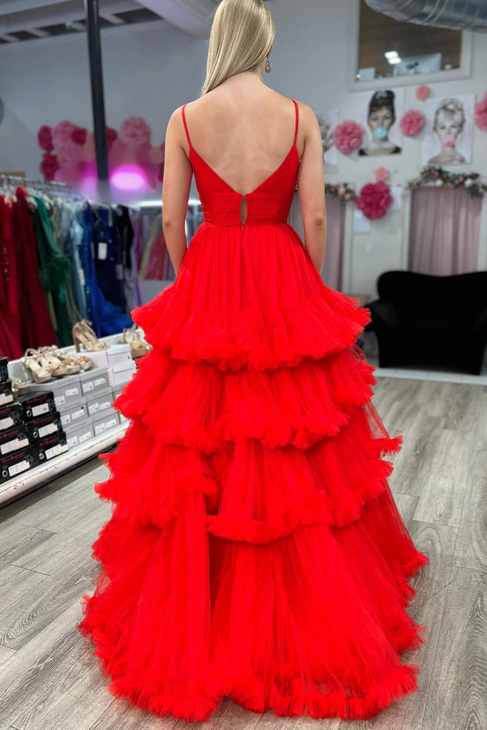 Weitese Gorgeous A Line Spaghetti Straos Red Long Prom Dress with Ruffles