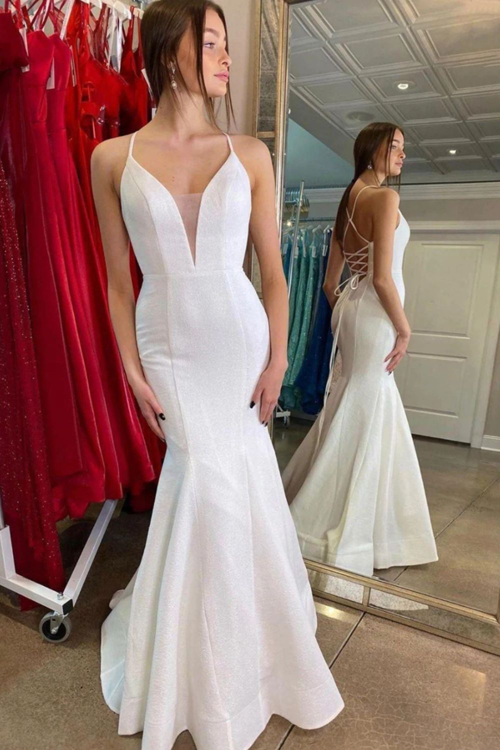 Weitese Mermaid Deep V Neck White Bridal Dress with Criss Cross Back