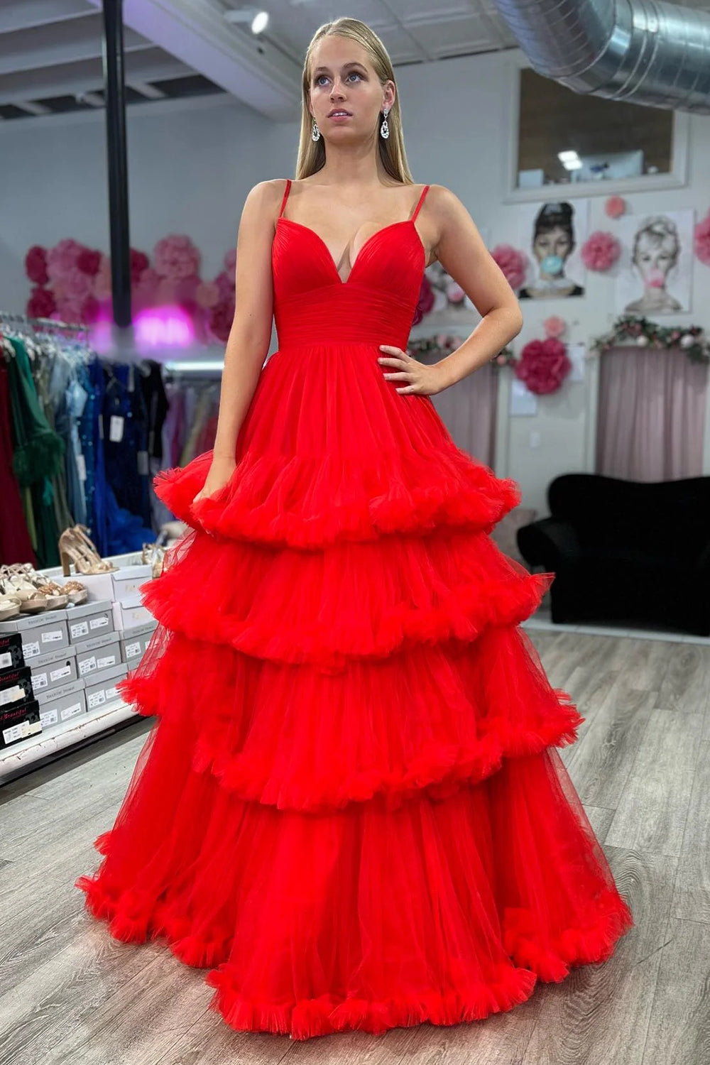 Weitese Gorgeous A Line Spaghetti Straos Red Long Prom Dress with Ruffles