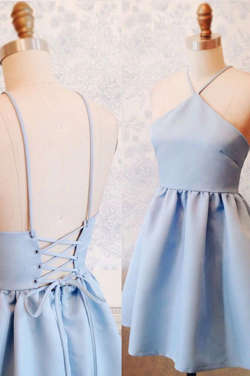 Simple blue backless short homecoming dress