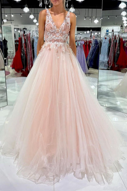 Weitese Charming A Line V Neck Blush Long Prom Dress with Appliques