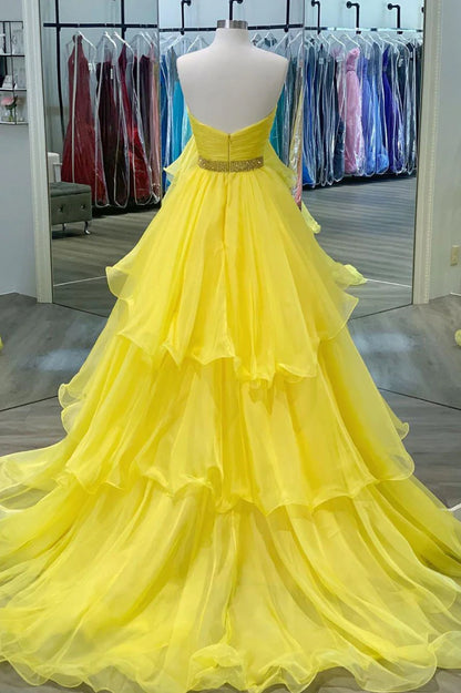 Yellow sweetheart tulle long Evening dress