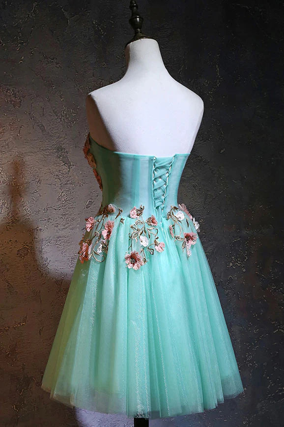 Cute green tulle lace applique short Homecoming Dresses