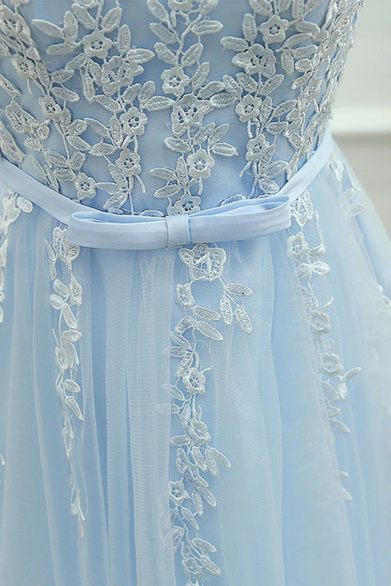 Cute round neck lace tulle blue homeoming dress