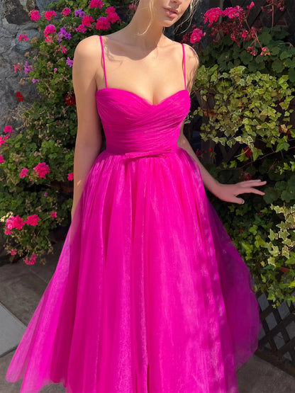 A-Line Spaghetti Straps Tea-Length Prom Dresses