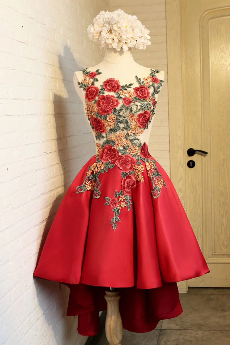 Red lace applique short homecoming dress