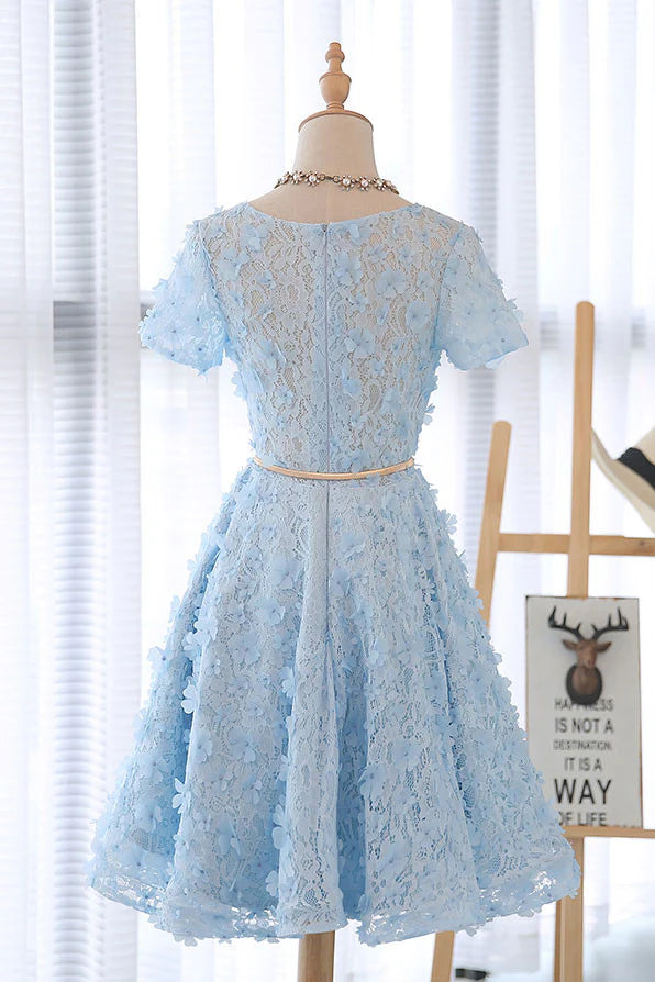 Cute 3D lace short blue homecoming dress