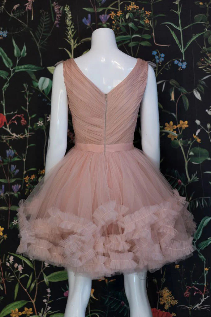 Champagne pink tulle short formal homecoming dress