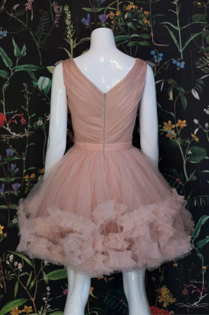 Champagne pink tulle short formal homecoming dress