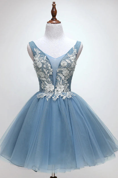 Blue Tulle Lace Short homecoming Dress With Applique