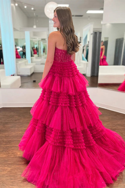 Weitese Princess A Line Sweetheart Fuchsia Corset Prom Dress with Appliques Ruffles