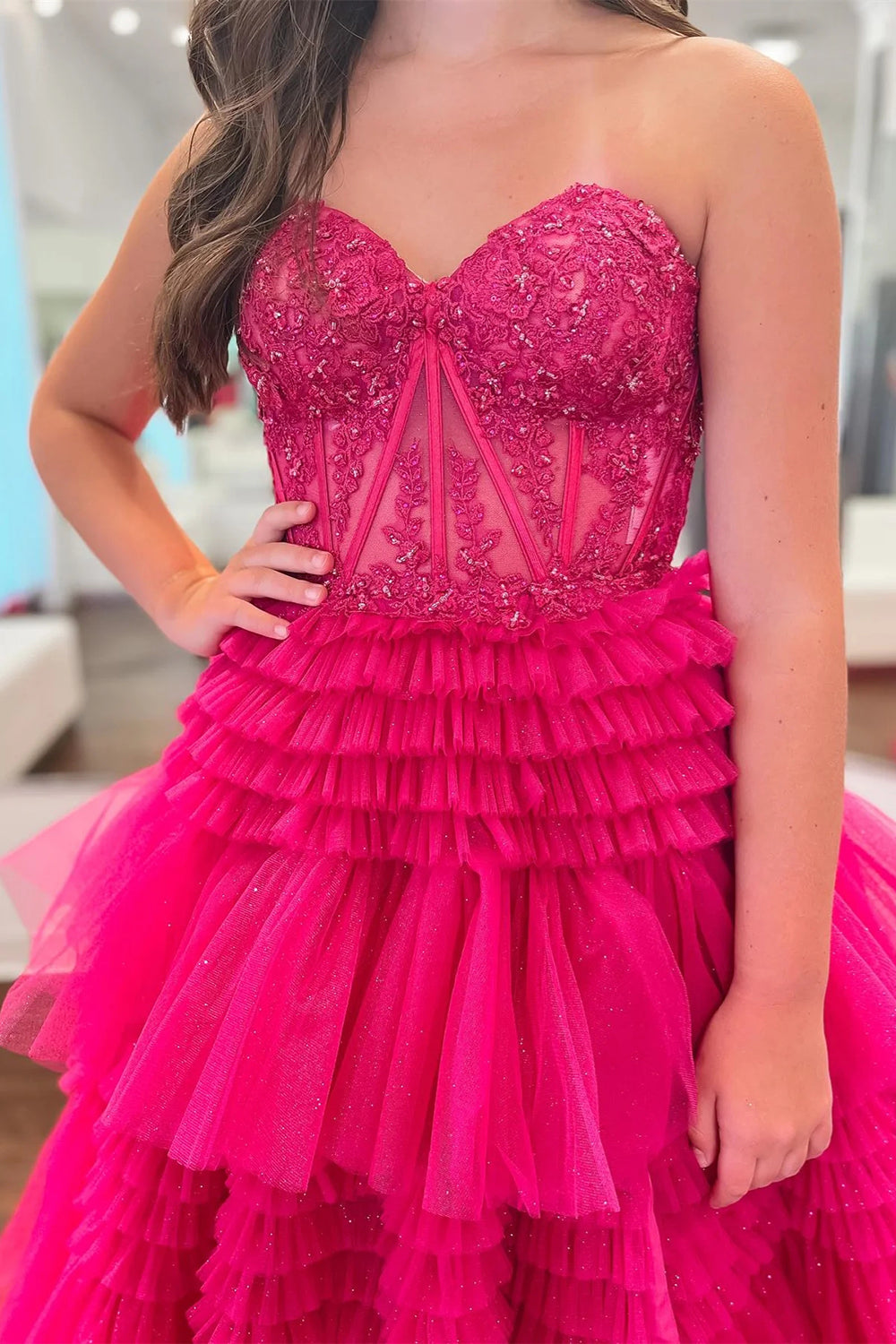 Weitese Princess A Line Sweetheart Fuchsia Corset Prom Dress with Appliques Ruffles