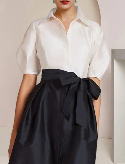 Weitese A-Line Mother of the Bride Dress Formal Wedding Guest Party Elegant Shirt Collar Floor Length Taffeta Short Sleeve with Bow(s) Color Block