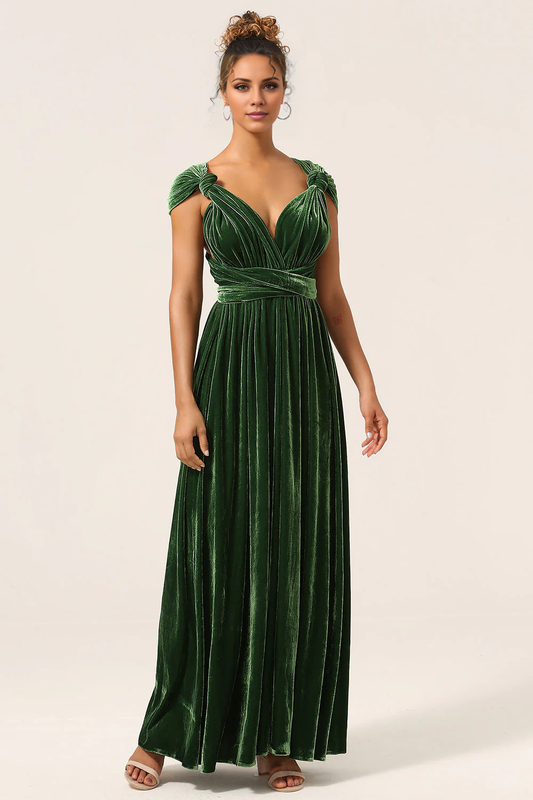 A Line V Neck Covertible Wear Velvet Long Bridesmaid Dress