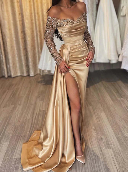 Sheath/Column Off-The-Shoulder Floor-Length Long Prom Dresses With Split Side