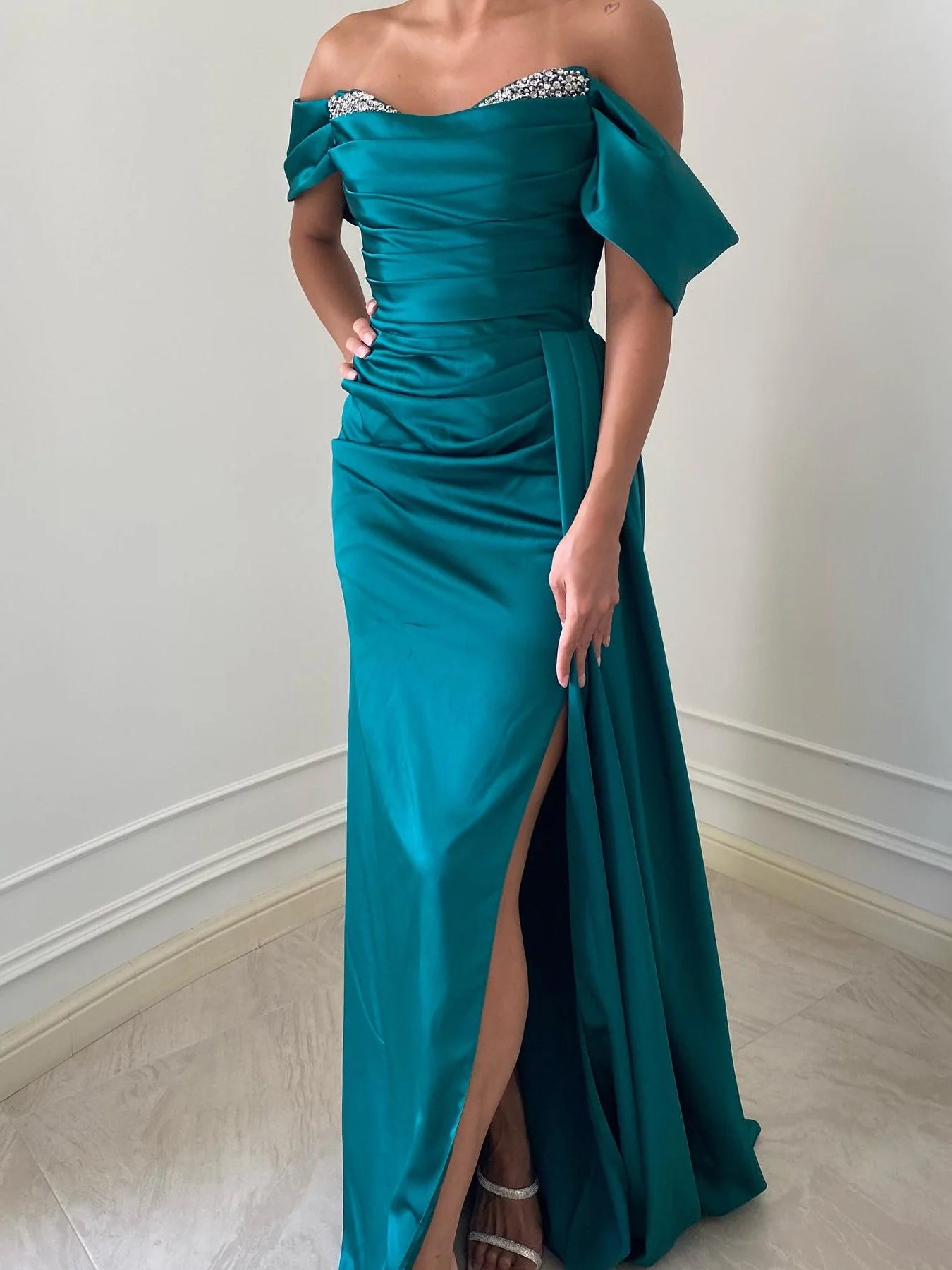 Sheath/Column Off-The-Shoulder Floor-Length Long Dresses With Split Side