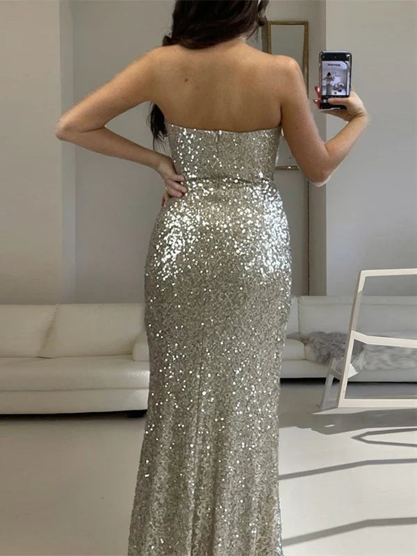 Trumpet/Mermaid Sequins Strapless Sleeveless Floor-Length Long Prom Dresses