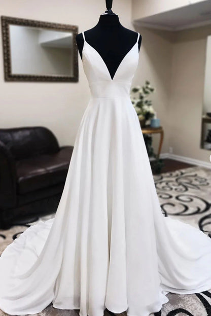 White v neck chiffon long prom dress white lace evening dress