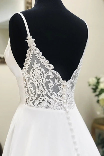 White v neck chiffon long prom dress white lace evening dress