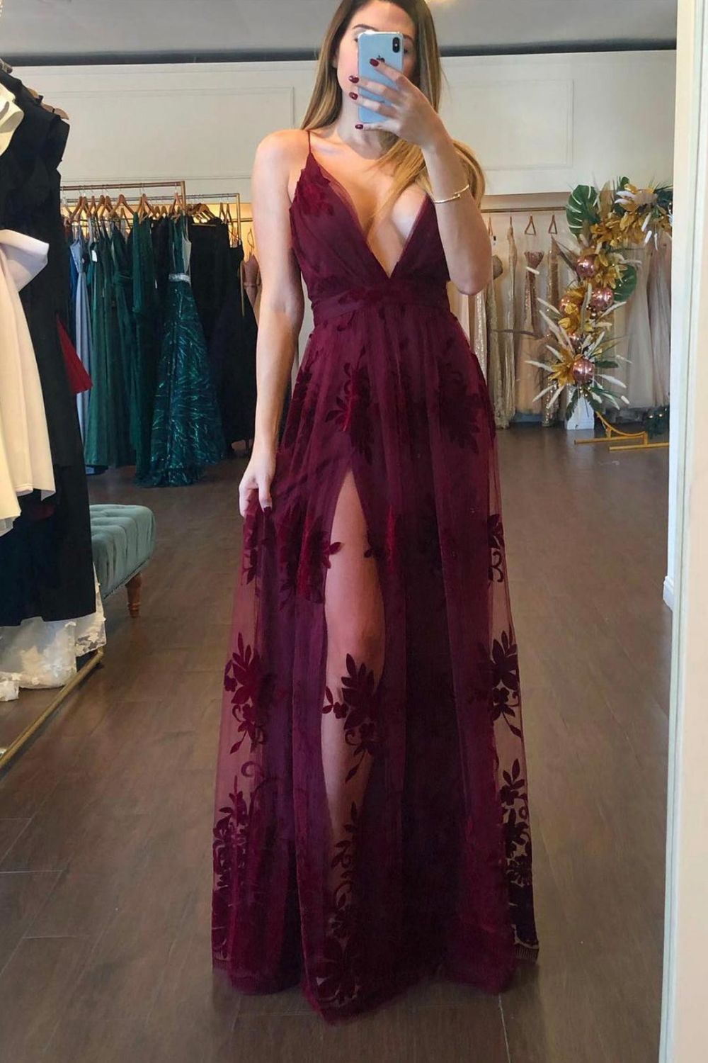 Weitese A-Line Deep V Neck Burgundy Long Prom Dress with Slit