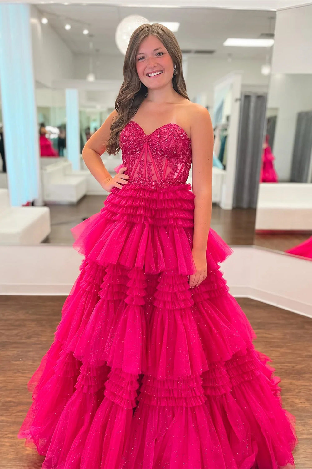 Weitese Princess A Line Sweetheart Fuchsia Corset Prom Dress with Appliques Ruffles