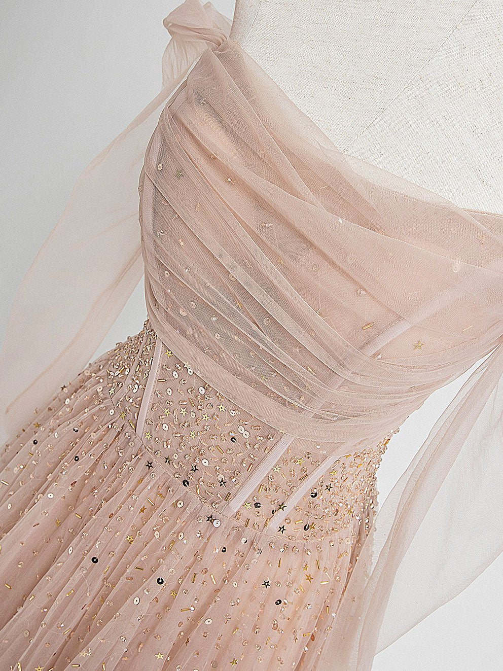 Champagne tulle sequin long Evening formal Dresses