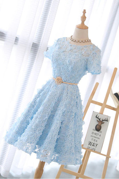 Cute 3D lace short blue homecoming dress