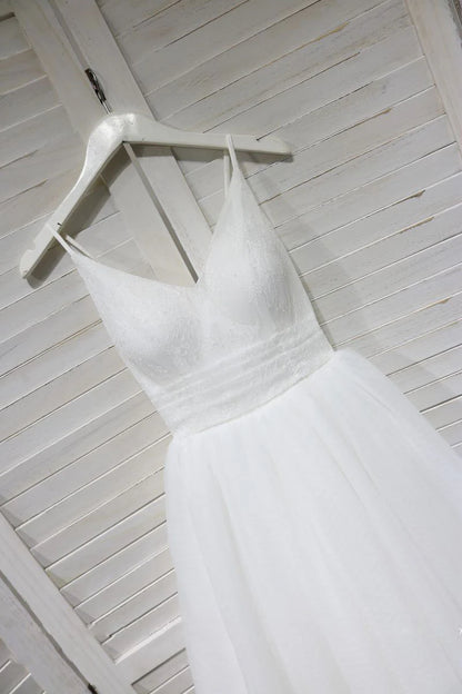 White v neck tulle lace tea Length Homecoming Dresses