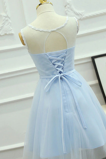 Cute round neck lace tulle blue homeoming dress