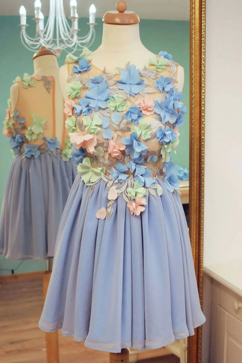 Blue round neck chiffon 3D applique short  homecoming dress