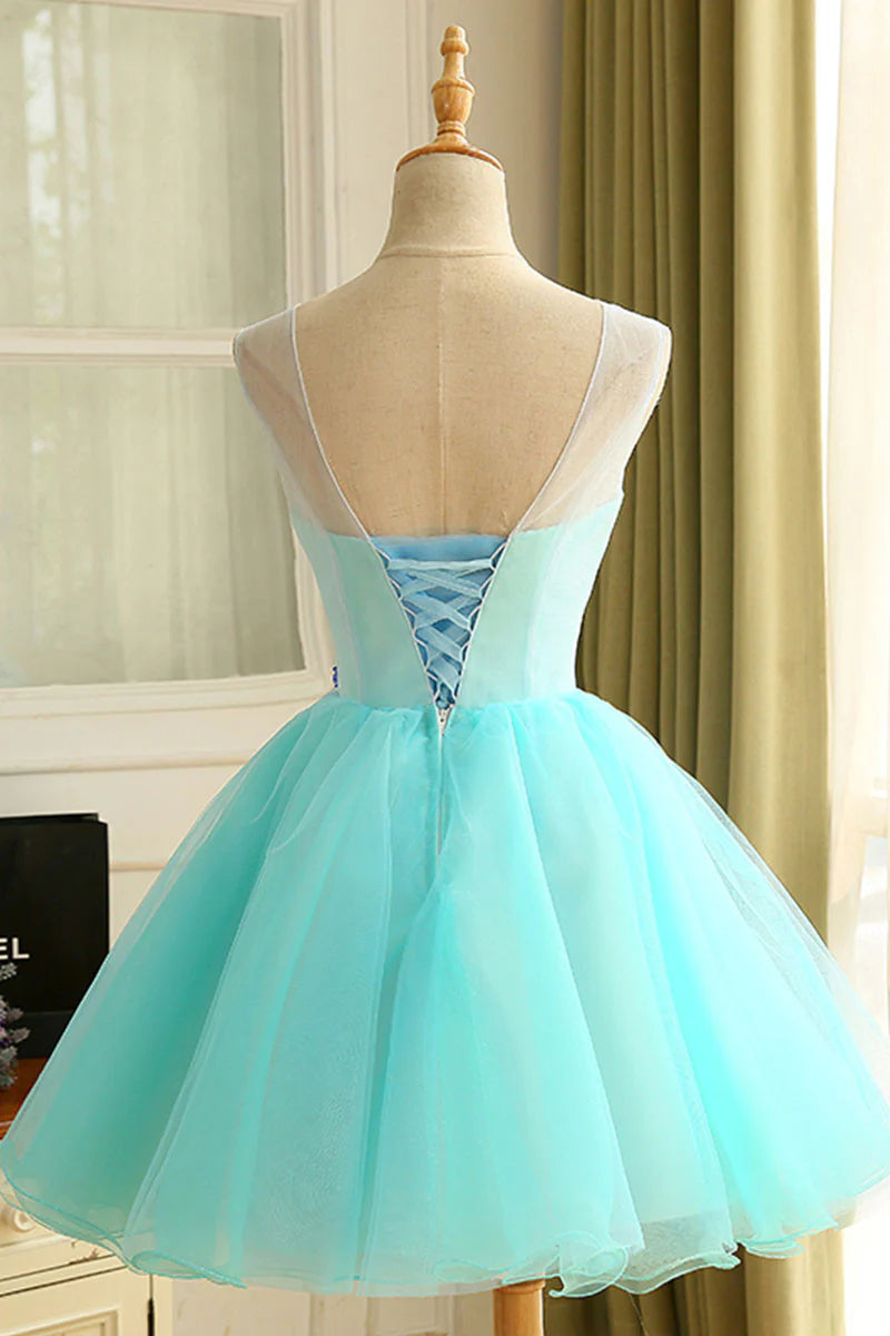 Cute blue organza short Homecoming Dresses