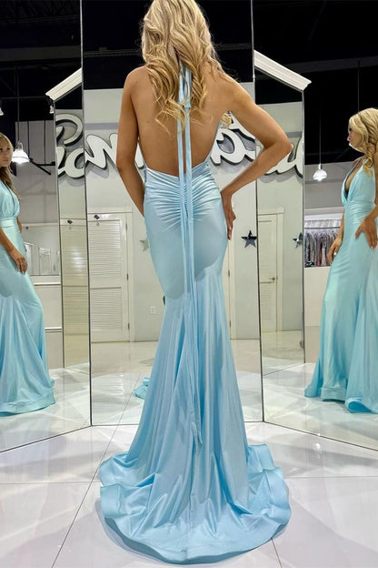 Weitese Trendy Mermaid Halter Neck Blue Long Prom Dress with Backless