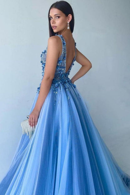 Weitese Gorgeous A Line Deep V Neck Blue Long Prom Dress with Appliques