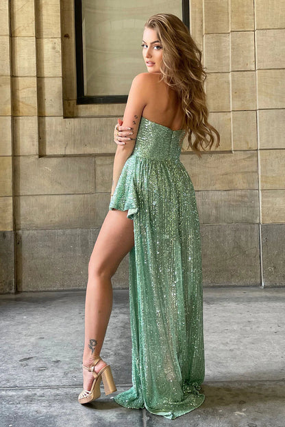 Weitese High Low Halter Green Long Prom Dress with Keyhole