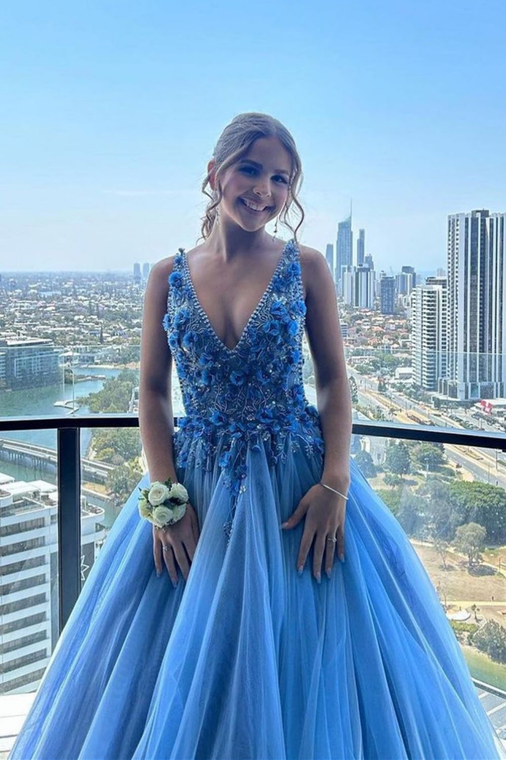 Weitese Gorgeous A Line Deep V Neck Blue Long Prom Dress with Appliques