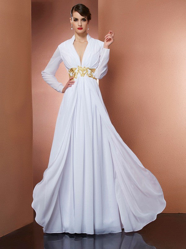 V-neck Long Sleeves Long Chiffon Dresses