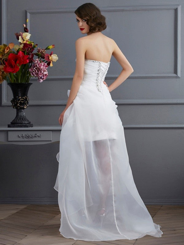 Sweetheart Sleeveless Beading High Low Organza Wedding Dresses