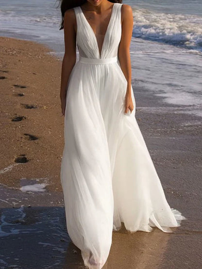 A-Line Deep V-Neck Floor-Length Tulle Wedding Dress