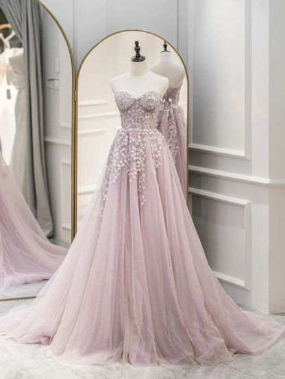 A-Line Sweetheart Neck Tulle Lace Pink Long Prom Dress