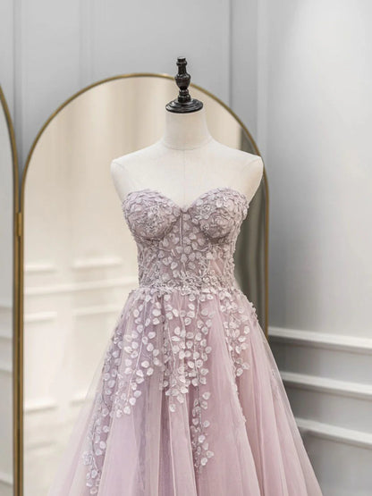 A-Line Sweetheart Neck Tulle Lace Pink Long Prom Dress