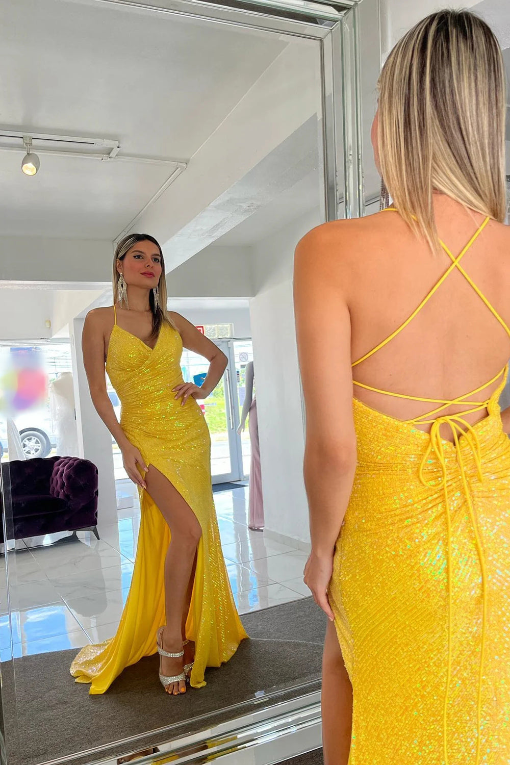 Weitese Sparkly Mermaid Spaghetti Straps Yellow Sequins Long Prom Dress with Split Front