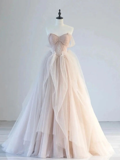 Champagne Pink Off Shoulder Tulle Lace Long Prom Dress